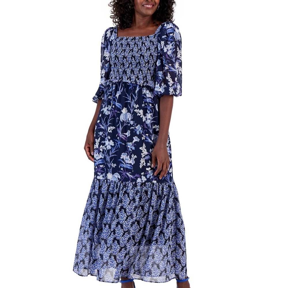 Taylor Women's Mixed-Print Smocked Tie-Back Dress‎